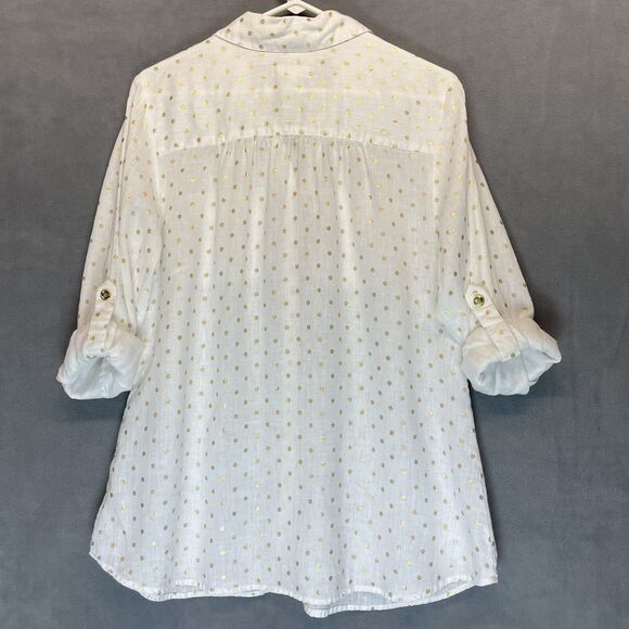 Charter Club Luxury Womens 100% Linen Shirt Size 1X White Gold Dots Tab Sleeves - Picture 5 of 7